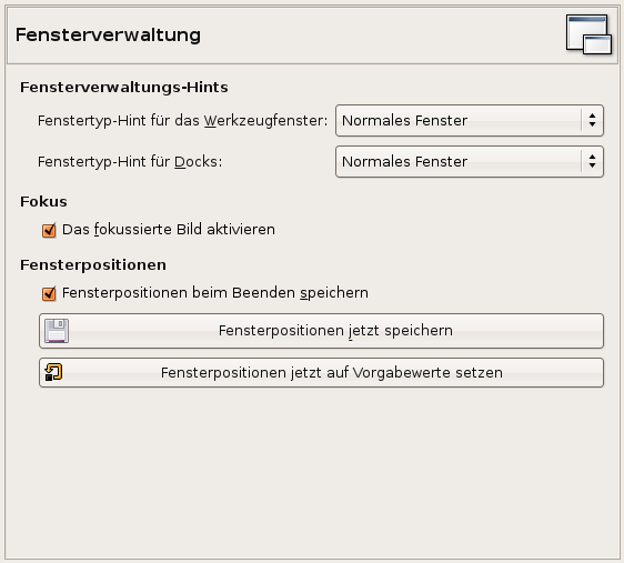 Die Ansicht in den Einstellungen zum Anpassen der Fensterverwaltung